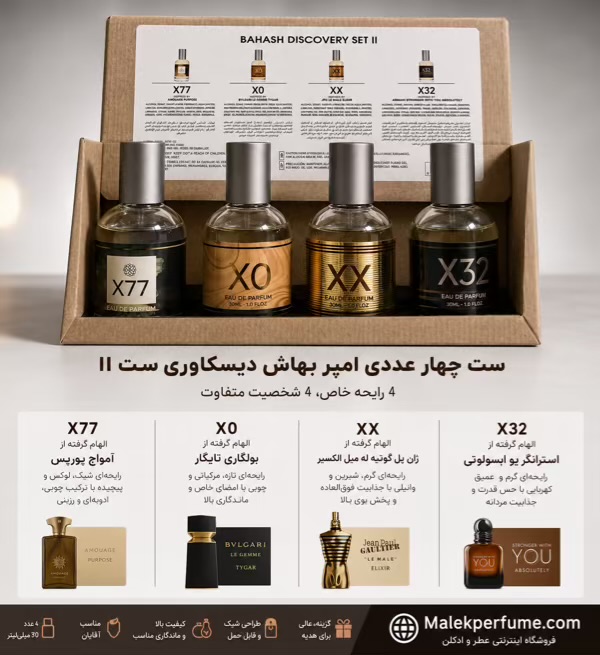 ست چهار عددی عطر امپر بهاش دیسکاوری ست 2 | شامل رایحه‌های آمواج پورپس، بولگاری تایگار، له میل الکسیر و استرانگر ویت یو ابسولوتلی | 4×30 میل